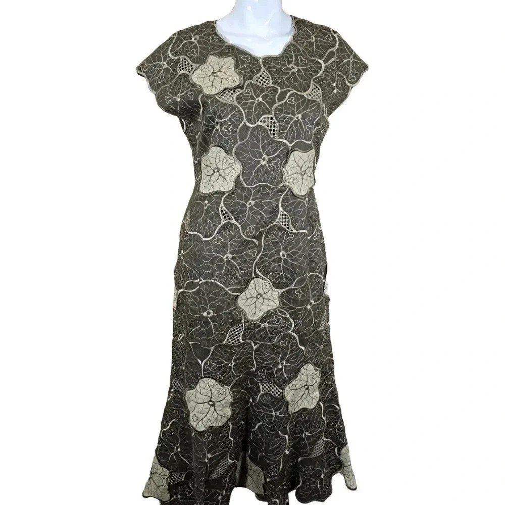 JSong Collection 8 100% Linen Dress Maxi Embroidered Applique Fit And Flare Vtg